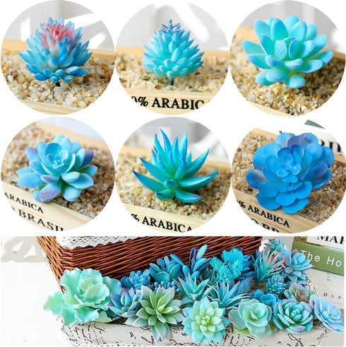 Woohome 10 PCS Artificial Succulent Plants, Unpotted Faux Succulent Assortment in Flocked Blue for Birthday Home Decor