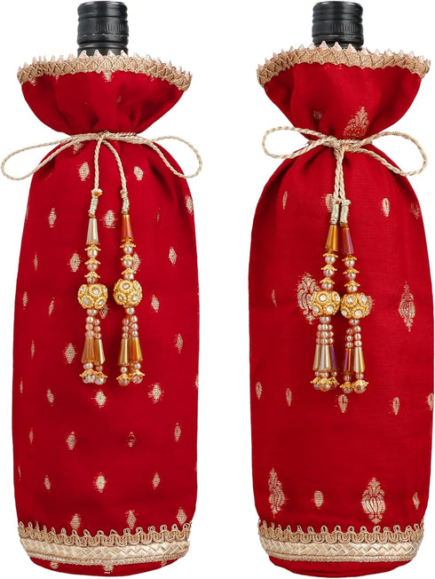 Handmade Wine Bottle Covers, Set of 2 Wine & Champagne Bottle Bags for Home Table Decor, Holiday Party