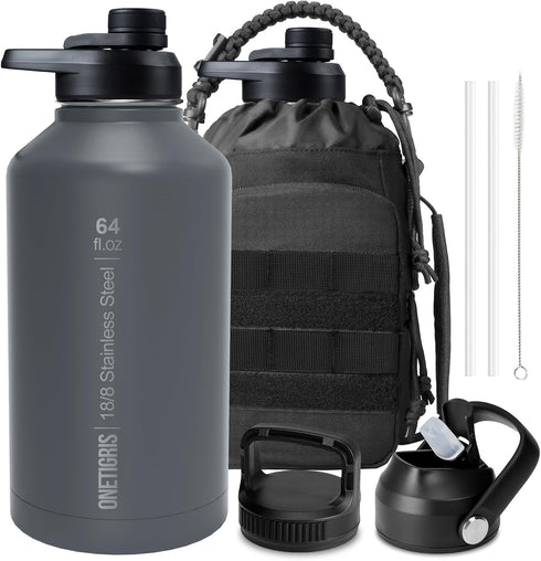 OneTigris 64 oz Tactical Half Gallon Water Bottle with Straw, Leakproof Sport Jug, 3 BPA Free Lids, Paracord Handle &