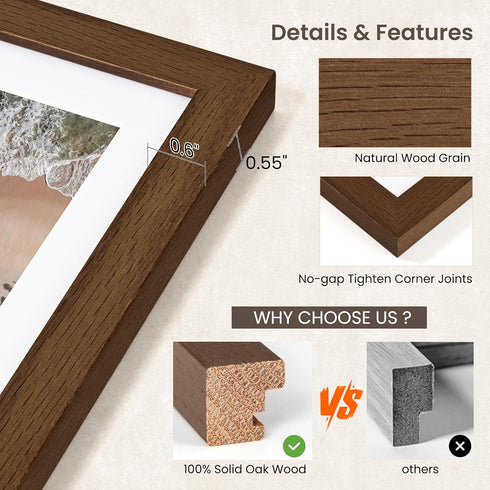 5x7 4x6, 5 7 1 Pack, FLYJOE Oak Wood Picture Frame with Mat for by USA-Sourced Natural Solid Wooden Photo Frame