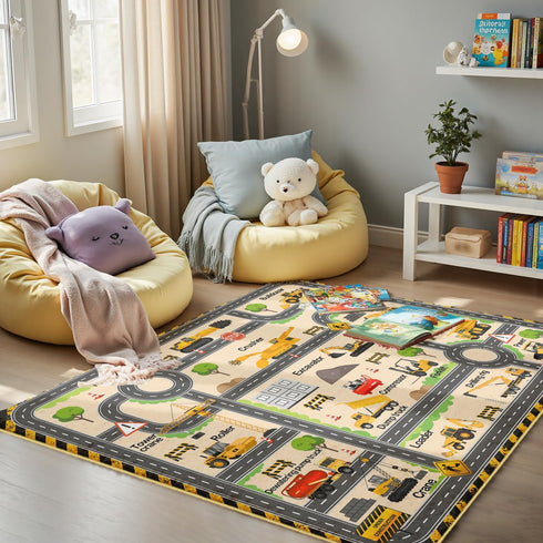 Construction Site Play Rug for Kids - Interactive Engineering Vehicles Faux Wool Carpet with Excavator & Digger Design