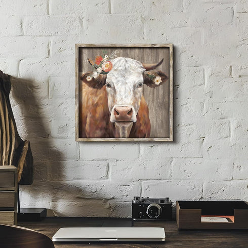 Cattle Framed Wall Art Decor, Rustic Farmhouse Cow Animal Painting with Wildflowers Artwork for House
