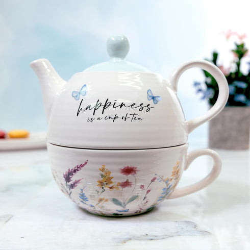 14.5 oz Set, Set, Summer 1 Count, Pavilion Gift Company - Happiness Ceramic Teapot and Tea Cup Watercolor Floral Tea
