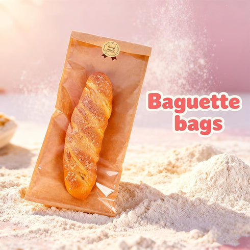 Farsheo 100PCS Packaging Sticker(14"Kraft 100PCS) French Bread Bags Bakery Bags with Clear Window Large Baguette Bread