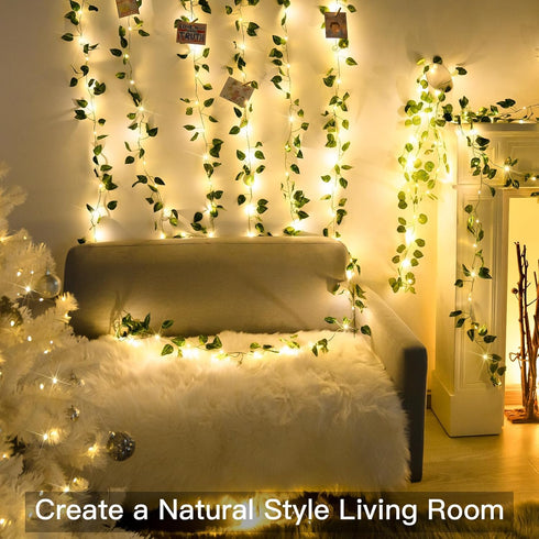 33ft100 suddus Vine with Fairy Lights Battery Operated, LED Pothos String Lights with Remote, Leaf Lights for Bedroom