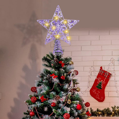 MCEAST Glittered Christmas Tree Topper, 10 Inches LED Light Up Star Treetop for Indoor Outdoor Decoration, Purple