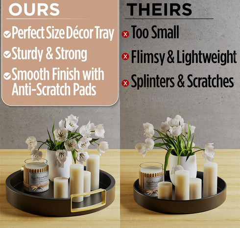 12 Inch Round Decorative Tray - Round Black Tray with Gold Metal Handles - Stain Resistant Serving Trays for Decor