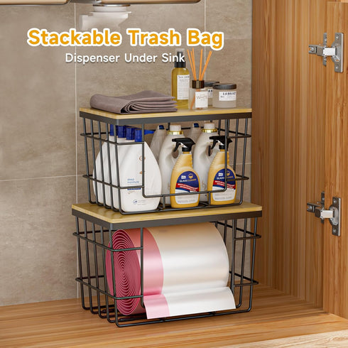 2 Pack Trash Bag Holder, Extra Large Garbage Bag Dispenser with Bamboo Top, Wall Mounted Stackable Trashbag Storage
