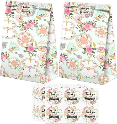 24 Pcs Tea Party Goodie Bags with Stickers - Tea Themed Birthday Party Favor Bags, Perfect for Kids' Supplies and Treat
