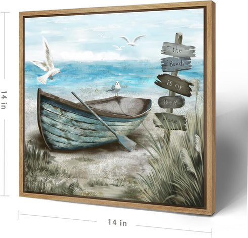 Framed Beach Décor Canvas Picture - Coastal Ocean Artwork with Sea Bird Boat for Bathroom Bedroom Living Room