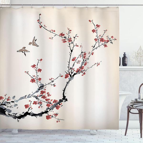 Ambesonne Nature Shower Curtain 69" W x 70" L, Burgundy Black Flowers Buds Birds Art Painting Effect, Cloth Fabric Bath
