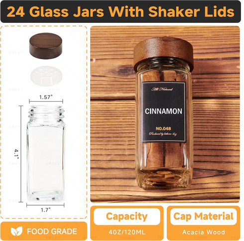 4-Tier 24 216 11.6L 2.4W 3.2H Wall Mount Spice Rack Organizer with Glass Jars, Labels & Funnel - Screw/Adhesive Mount