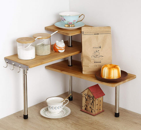 HYNAWIN 3 Tier Corner Shelf, Bamboo & Metal Storage Spice Rack, Adjustable Organizer with Hooks