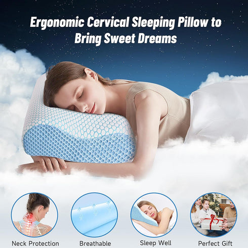 CloudBliss Memory Foam Pillow, Ergonomic Neck Contour Cervical Pillow for Neck and Shoulder Pain Relief, King Blue