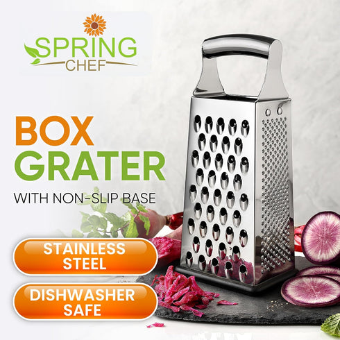 4 Spring Chef Professional Large Parmesan Cheese Grater, Stainless Steel Metal Box Grater with Handle, Sided Handheld