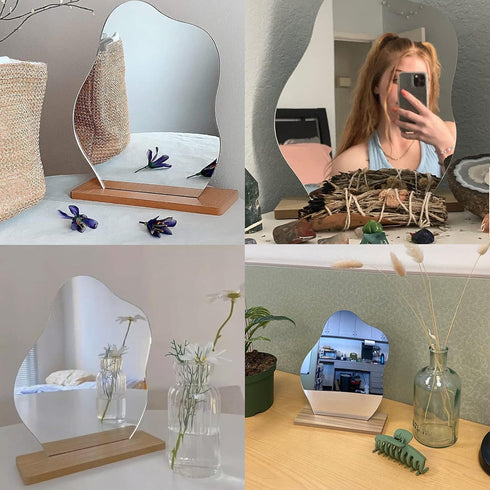 Irregular Aesthetic Vanity Mirror, Frameless Decorative Acrylic Mirrors with Wooden Stand for Living Room, Bedroom,