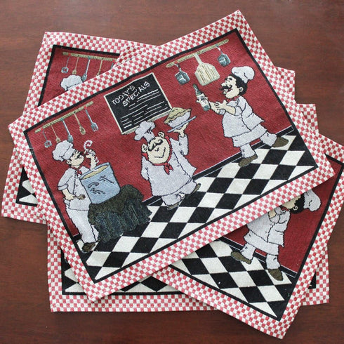 KEPSWET Cotton Linen Chef Placemats Set of 4, Red Washable Table Mats, 13x19 Inch Rectangle