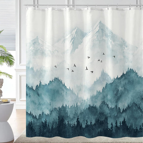 Watercolor Mountain Forest Shower Curtain, Nature Misty Foggy Navy Blue Tree Art with 12 Hooks, 72 ×72 Inch Bathroom