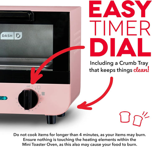 DASH Mini Toaster Oven Cooker for Bread, Bagels, Cookies, Pizza, Paninis & More, with Baking Tray, Auto Shut Off - Pink