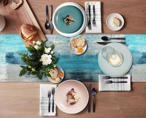 Emvency Farmhouse Table Runner - Modern Teal and Grey Abstract Art Painting for Kitchen, 13x60 inch Decor