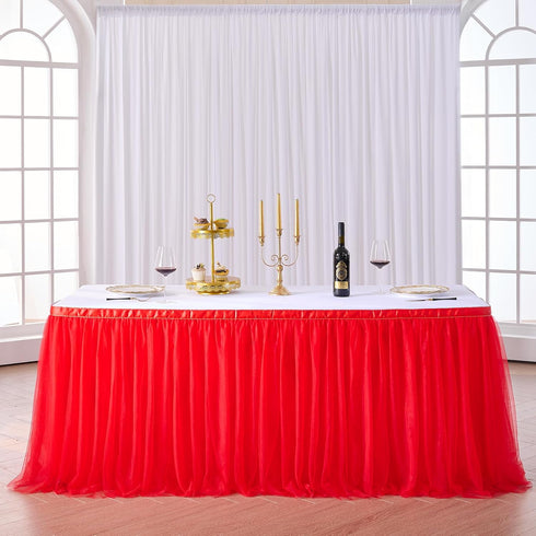Suppromo 9ft Red Tulle Table Skirts for Rectangle or Round Tables, Tutu Cloth for Party Decorations