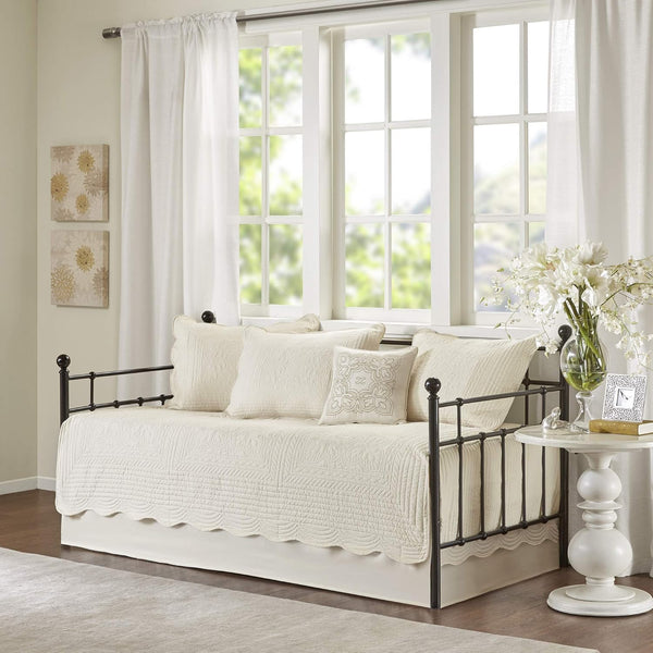 Madison Park 6-Piece Daybed Cover Set, Damask Quilted Coastal Bedding, Pre-washed Cotton-Filled, Tuscany, Cream, 39"x75"