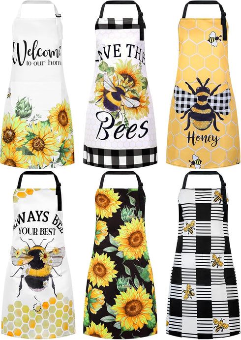 Bencailor 6 Pcs Adjustable Waterproof Kitchen Aprons, Themed Baking Cooking Aprons for Home