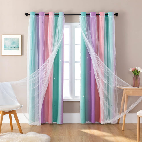 Green,63 34 inches,1 XiDi Curtains for Girls Bedroom Decor, Rainbow Blackout Curtains for Kids/Little Girl Room Decor