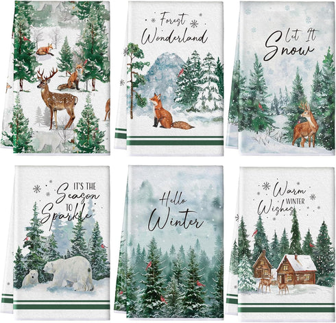 Hosuly 6 Pcs Winter Kitchen Towels Forest Hand Towels Wild Animal Snowflake