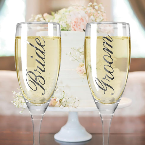 BANBERRY DESIGNS Bride and Groom Champagne Glasses Set of 2 - Elegant Toasting Flutes Silver Wedding Champagne Set (6