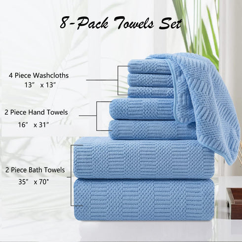 8 Set-2 Sheets,2 Towels,4 Washcloths-600GSM Piece Oversized Blue Bath Towel Extra Large Bath Towel Hand Soft Highly