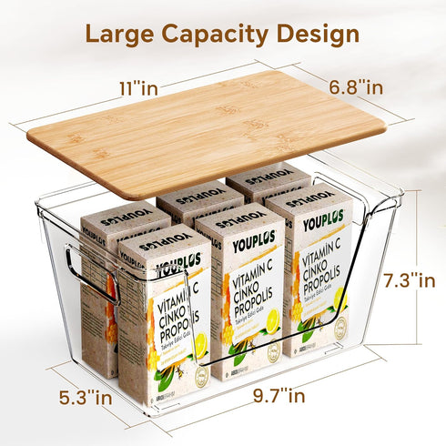 2 Set Criusia Pantry Organizers and Storage with Bamboo Lids, Stackable Clear Bins for Onion, Potato, Fruit