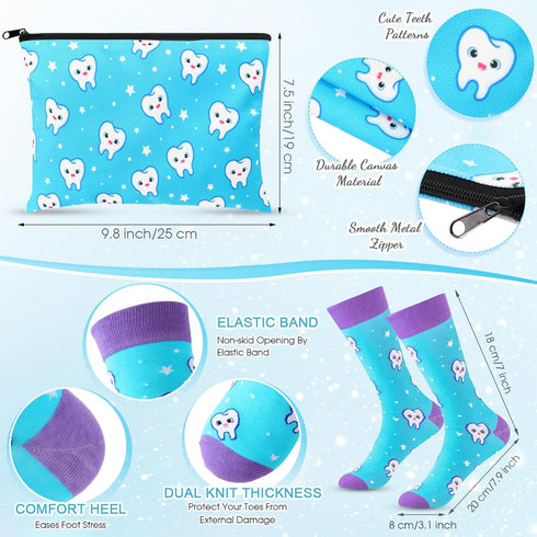 Sliner 4 Pcs Dental Assistant Gifts for Women, Cute 12 oz Teeth Tumbler, Cosmetic Bag, Keychain, and Socks