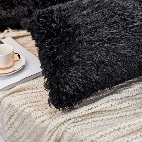 JAUXIO Long Faux Fur Soft Decorative Pillowcase, Set of 2 Velvet Shaggy Cushion Covers (20X26 Inches, Black)