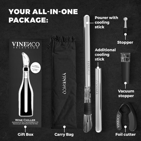 Wine Chiller Set with 2 Chill Rods + Foil Cutter - Premium 3in1 Stainless Steel Bottle Cooler Stick, Decanting Aerator