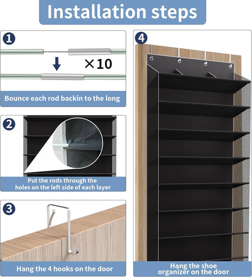 TAHAVICE 10-Tier 30 Closet, Large Size Over The Door Shoe Organizer, Holds Pairs Hanging Shoe Rack with Deep Pockets