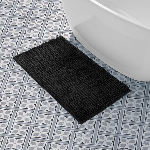 Laura Ashley Butter Chenille Bath Rug, Absorbent Shaggy Bathroom Mat, Non Slip Plush Carpet (20" x 34") Black