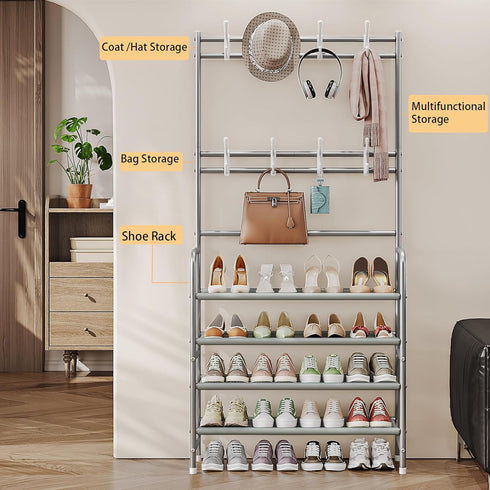 8 Closet 4 Coat Rack Shoe Rack With Storage Shelf Freestanding with Hooks for Entryway Bedroom Tier, Grey