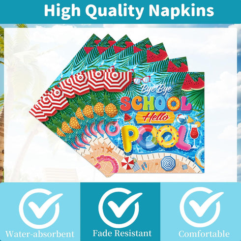 Summer 24 Bye Bye School Hello Pool Party Plates Napkins Forks, End of School Year Party Decorations, Disposable Pool
