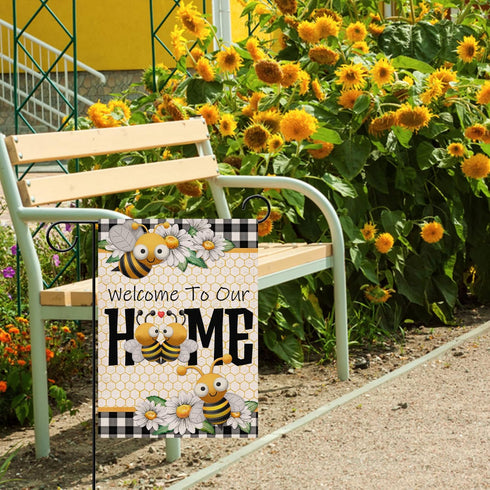 Welcome to Our Home Bumble Bee Decorative Garden Flag, Spring Summer Daisy Buffalo Plaid Outdoor Decor 12×18