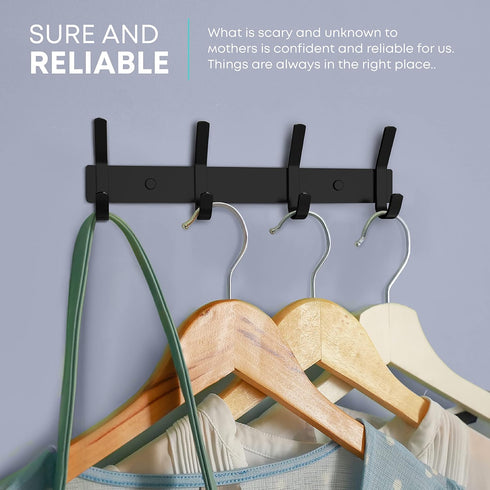 Matte Black Coat Rack Wall Mount, 12 Inch Stainless Steel Hook Rail with 4 Double Hooks for Entryway Organizer