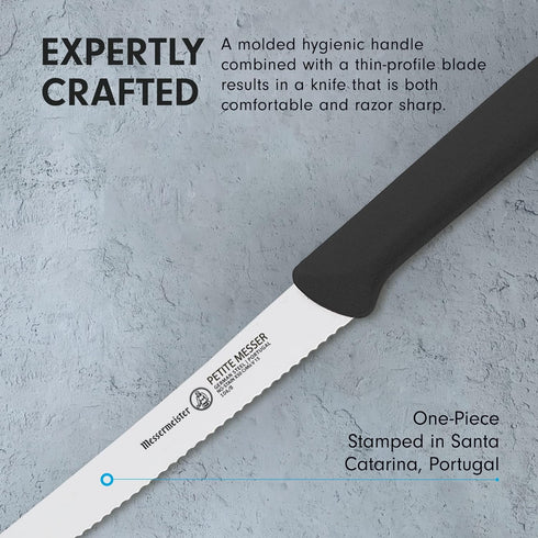 Messermeister 4.5” Serrated Tomato Knife with Matching Sheath, Black, German Steel Alloy, Rust Resistant