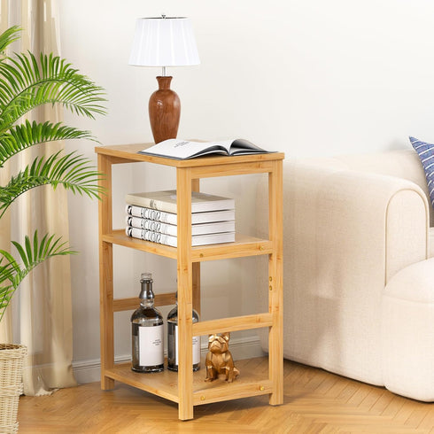 VASMIA 3-Tier End Table, Side Table with Storage Shelf, Bamboo Nightstand Bedside Table for Small Spaces, Bedroom
