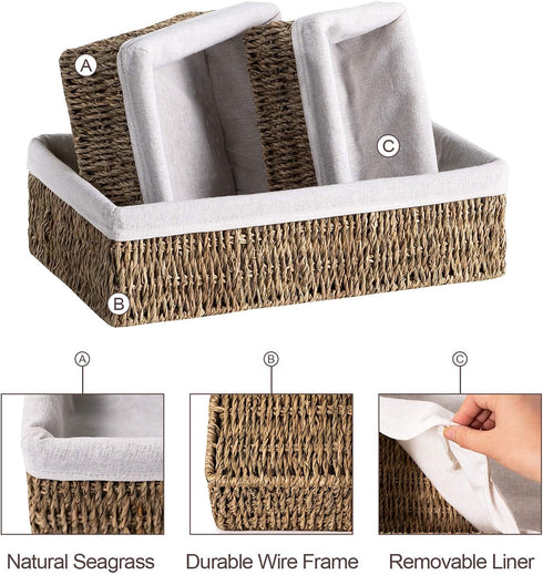 FairyHaus Natural Small Seagrass Storage Baskets with Liner, Hand-woven Nesting Wicker Baskets Set for Shelves (3 Pack)