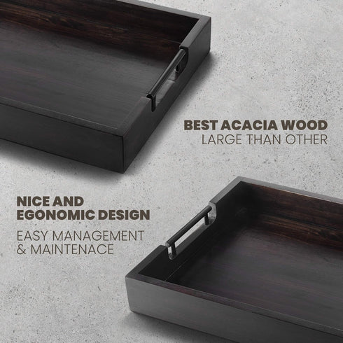 RAKYTO 16.5x12.5in Packaging Ottoman Tray, Acacia Wood Serving Tray with Metal Handles, Food Drinks Tray for Coffee