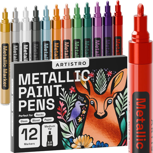 ARTISTRO 12 Metallic Paint Pens for Glass Marking, Rock Painting, Ceramic, Wood,