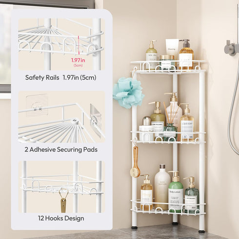 3Tier 12 SWTYMIKI Standing Shower Caddy Corner - Stainless Steel ShowerOrganizer Shelf with Hooks and Adhesive Pads