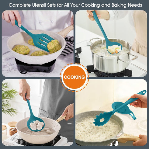 Teal Blue Kitchen Utensils Set, E-far 15-Piece Silicone Cooking Utensils with Holder, Heat Resistant for Cooking