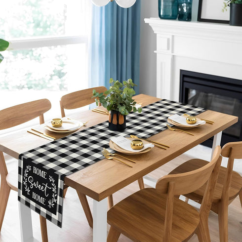 90 Inches (13x90) Buffalo Plaid Linen Table Runner Black and White Checkered Table Runners Long - Heat Resistant