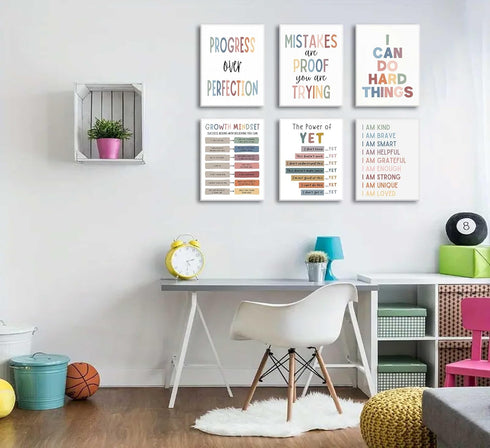 6Pcs Mindset Educational Growth Canvas Wall Art Kids Mental Health Therapy Paintings Positive Affirmations Wall Decor